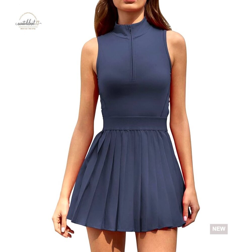 Women's Zip Front Tennis Dress with Pockets, Pleated Sleeveless Athletic